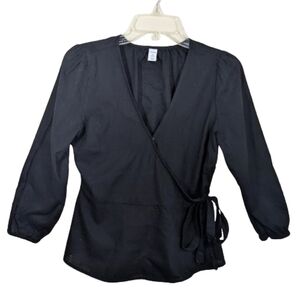 Old Navy Blouse Black Wrap Around Peplum V-neck Long Sleeves Cotton Rayon